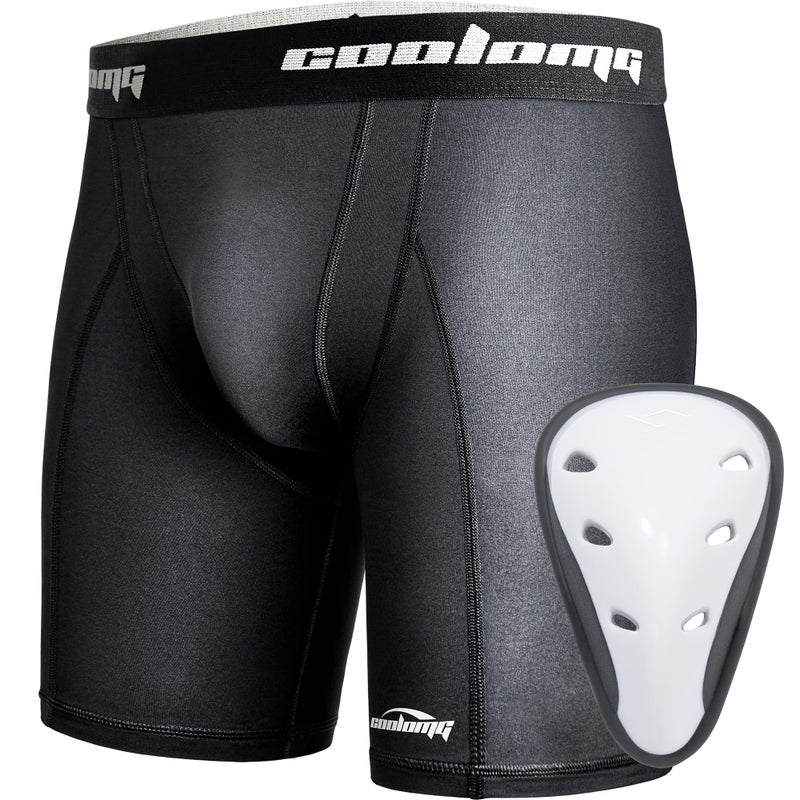 COOLOMG Youth Boys Compression Shorts with Protective Cup Sliding Underwear for Baseball Lacrosse Football Black M - Image 1